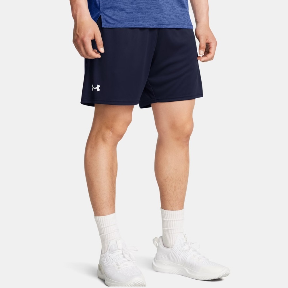 🔥 Under Armour Navy Wordmark Athletic Shorts Men’s L NWOT Gym Training New 🏃‍♂️🔥